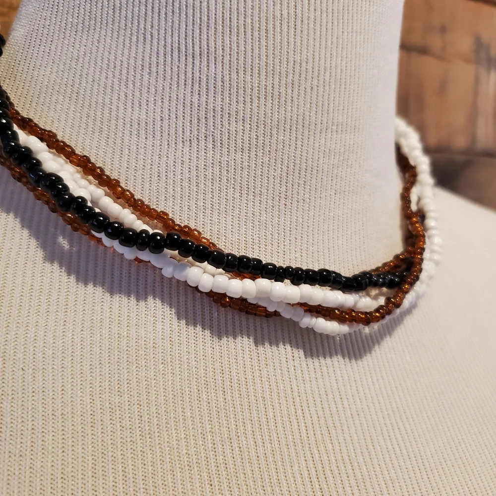 Brown, white & black multi-strand seed bead necklace